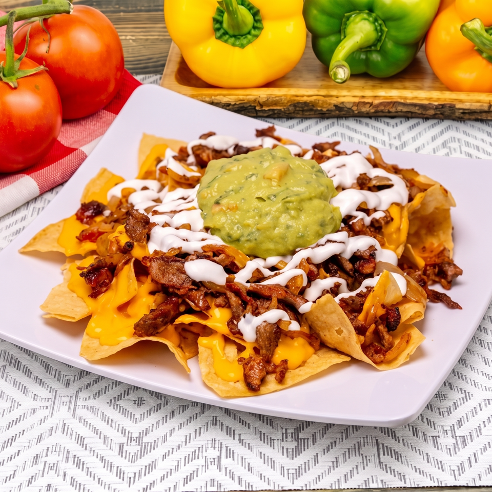 Steak nachos with melted cheese, sour cream, and guacamole, surrounded by fresh tomatoes and bell peppers.
