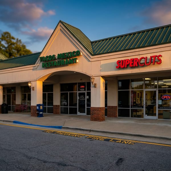 Exterior of Tacos Mexico Restaurant and Supercuts in a strip mall at sunset.